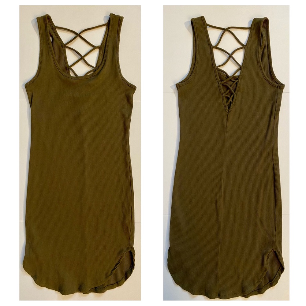 Stretch Ribbed Lace Up Back Mini Dress - Olive